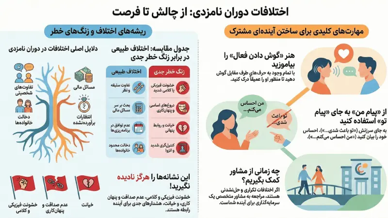 حل اختلاف دوران نامزدی؛ ۷ راهکار طلایی برای عبور از روزهای طوفانی + نشانههای خطر